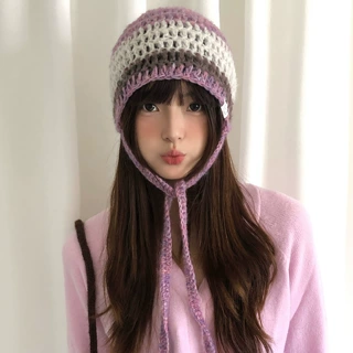 含羊毛韩系氛围感紫色条纹包头帽子女春秋甜美显脸小针织套头冷帽