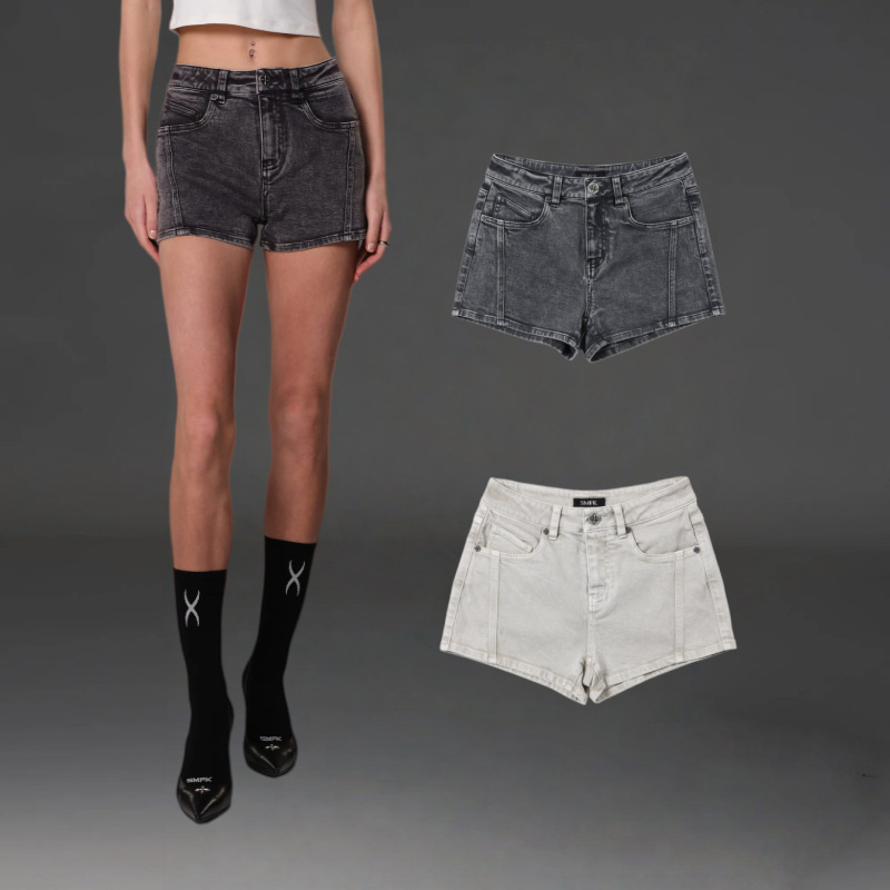 SMFK retro elastic denim shorts, vintage dyed cotton hot girl pants for summer