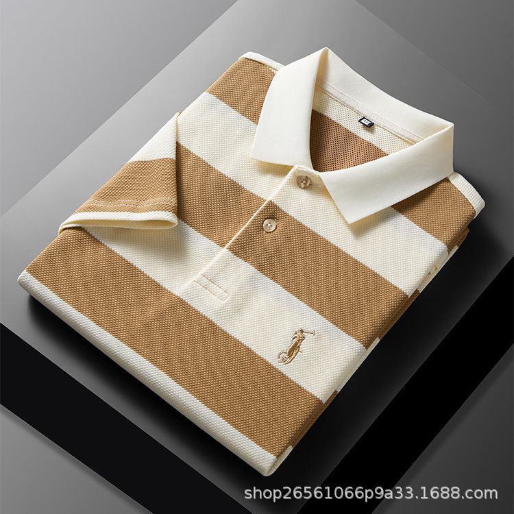 Striped Polo Shirt Men's Non-ironing plus size Embroidered Lap Top Short-sleeved Dad's Casual Business Foreign Trade Cross-border Striped Polo Shirt Men's Non-ironing plus size Embroidered Lap Top Short-sleeved Dad's Casual Business Foreign Trade Cross-border