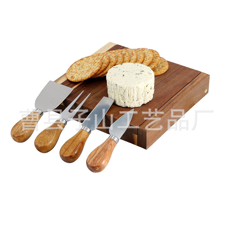 Tablero de queso de madera con tapa de bambú con cuchillo de queso conjunto cuadrado bandeja de pizza de madera portátil al aire libre