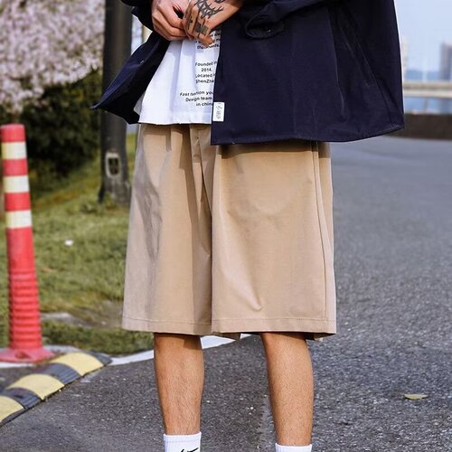 Japanese minimalist solid color work shorts for men, summer basic new loose casual five-hole pants trendy