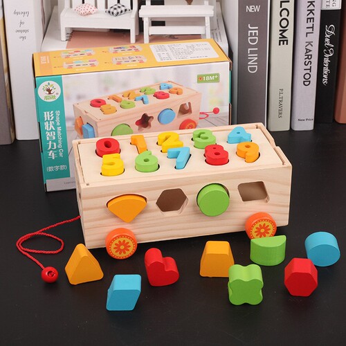 Wooden Educational Toy Multifunctional Intelligence Pull-along Car Box Shape Multi-hole Cognitive Matching Colored Geometric Blocks Car