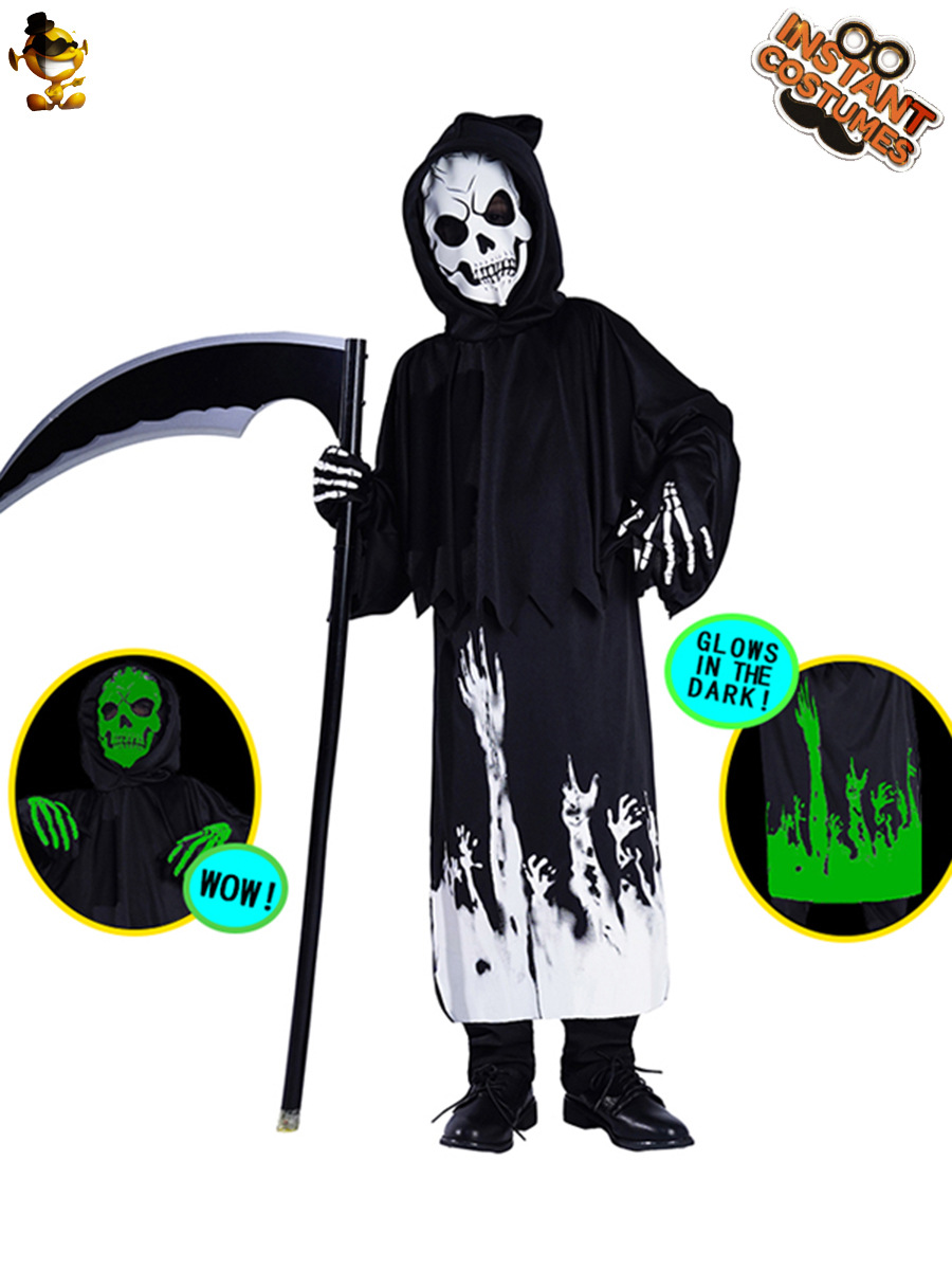 Traje del Partido de los niños Halloween carnaval Cosplay horror fluorescente cráneo traje negro