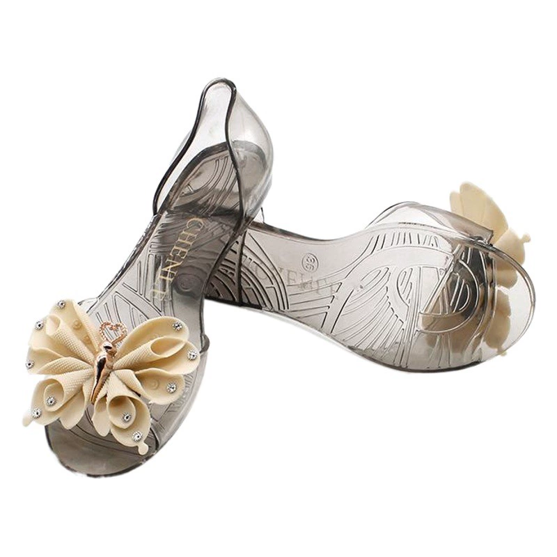 Heli Shark, новые летние прозрачные сандалии на плоской подошве, женские модные пластиковые ножки с бантом и бриллиантами, пляжная обувь