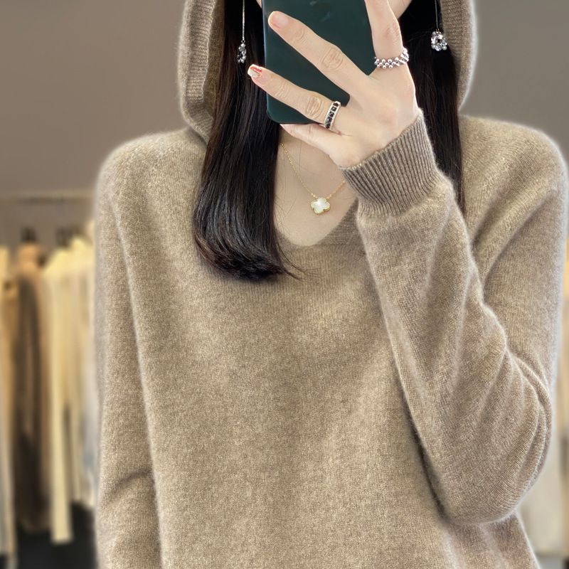 One-Piece Hooded V-Neck Woolen Sweater for Women, Autumn and Winter Sweater, Pullover Knitted Knitwear, Loose Outer Top, Fine Wool for Women