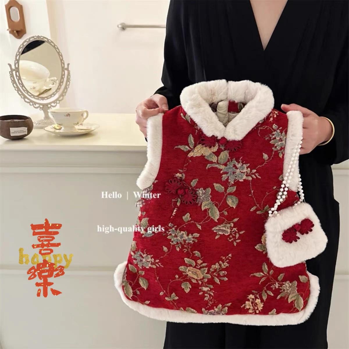 En stock invierno niñas nuevo estilo chino chaleco forrado de lana de las niñas estilo chino Año nuevo saludo ropa jacquard bordado Tang traje chaleco
