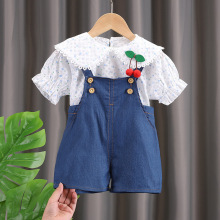 批发0-4童装批发夏季中小童短袖小圆点背带女童T恤套装一件代发潮