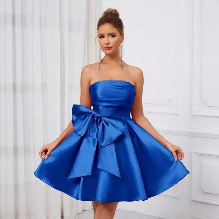 Royal Blue Prom Dresses 2026 Bow Short Mini Satin Strapless Formal Party Evening Gowns