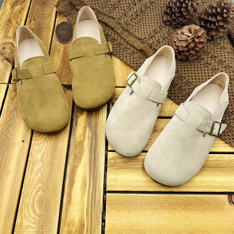 Platinum Disi New BK Ken Genuine Leather Women's Shoes Two-Wearing Round-Head Cow Velvet Leather Fashionable Casual Buckle Small Leather Shoes