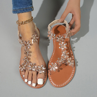European and American Cross-Border Large Size Summer Rhinestone New Butterfly Flower Fashion Flats Transparent One-Strap Sandals Trbottomy 41 to 43