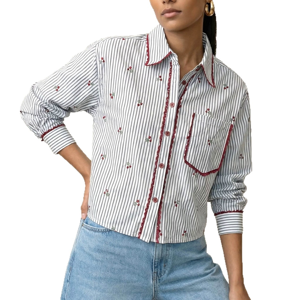 Cereza francesa bordada rayas camisa de mangas largas mujeres europeas y americanas camisa de viaje delgada suelta image 6