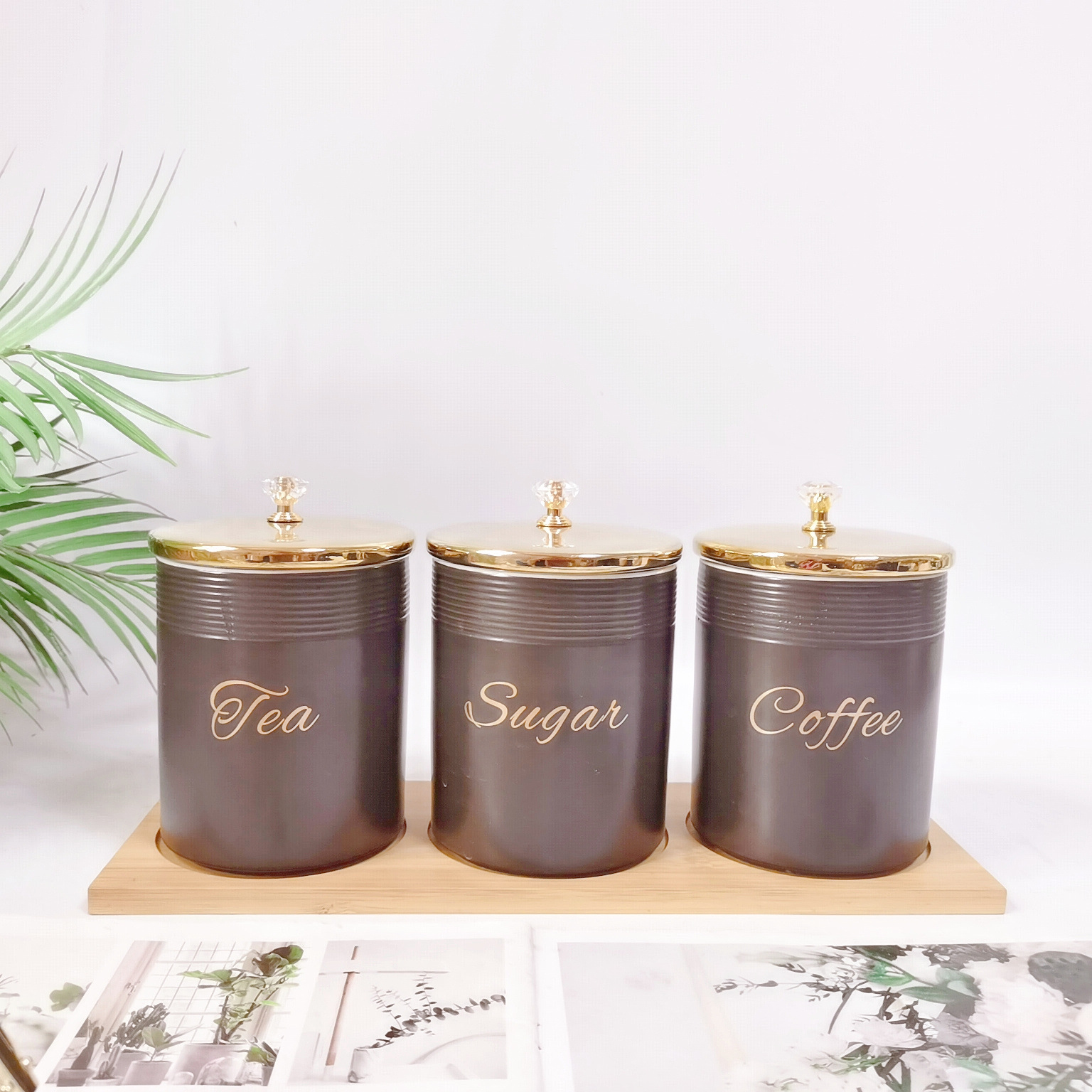 Comercio exterior transfronterizo Oriente Medio Exportar tarro sellado de cerámica con tapa de madera tarro de almacenamiento condimento de cocina tarro de té de café tarro