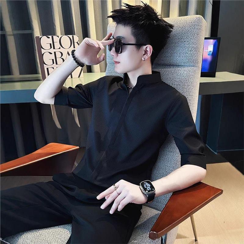 Waffle Shirt Men's Short-Sleeved Summer Handsome Stand-Up Collar Shirt Men's 2025 New Summer Men's Mid-Sleeve Top