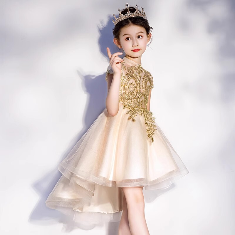 Girls' Dress 2026 New Style Children's Birthday Evening Dress Girl Piano Stage Host Golden Performance Princess Dress