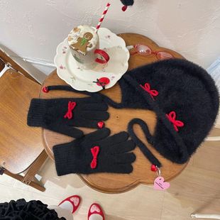 Autumn and Winter Niche Style Plush Black Red Bow Warm Sweet Cool Sexy Versatile Gloves Y2K Hat Gift