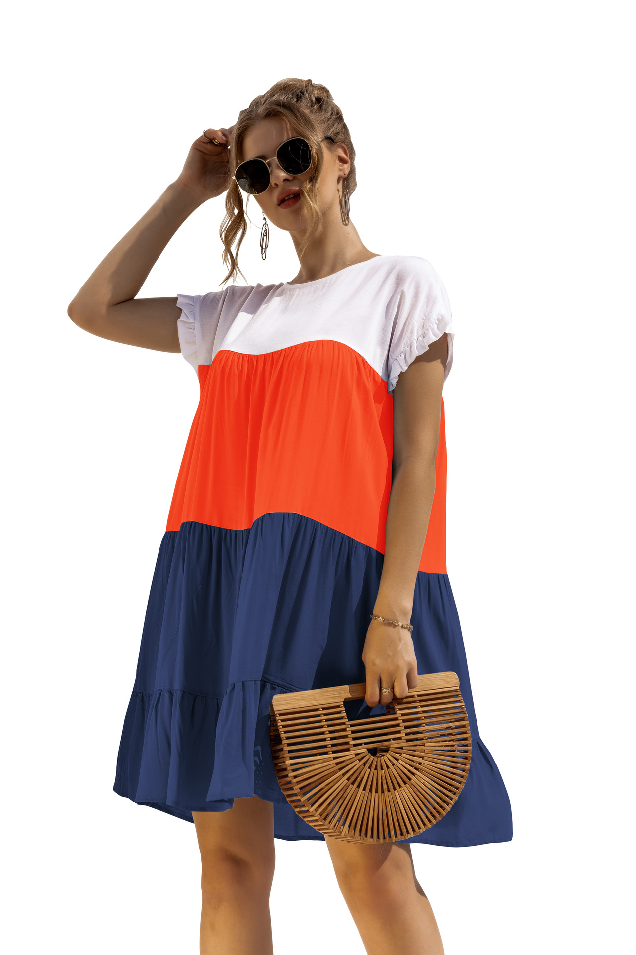 Women's Tiered Skirt Fashion Round Neck Patchwork Short Sleeve Color Block Above Knee Daily display picture 93