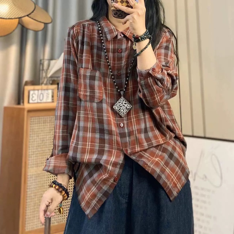 春秋新款翻领双层棉纱格子长袖衬衫女文艺休闲格子衬衣色织棉开衫|undefined