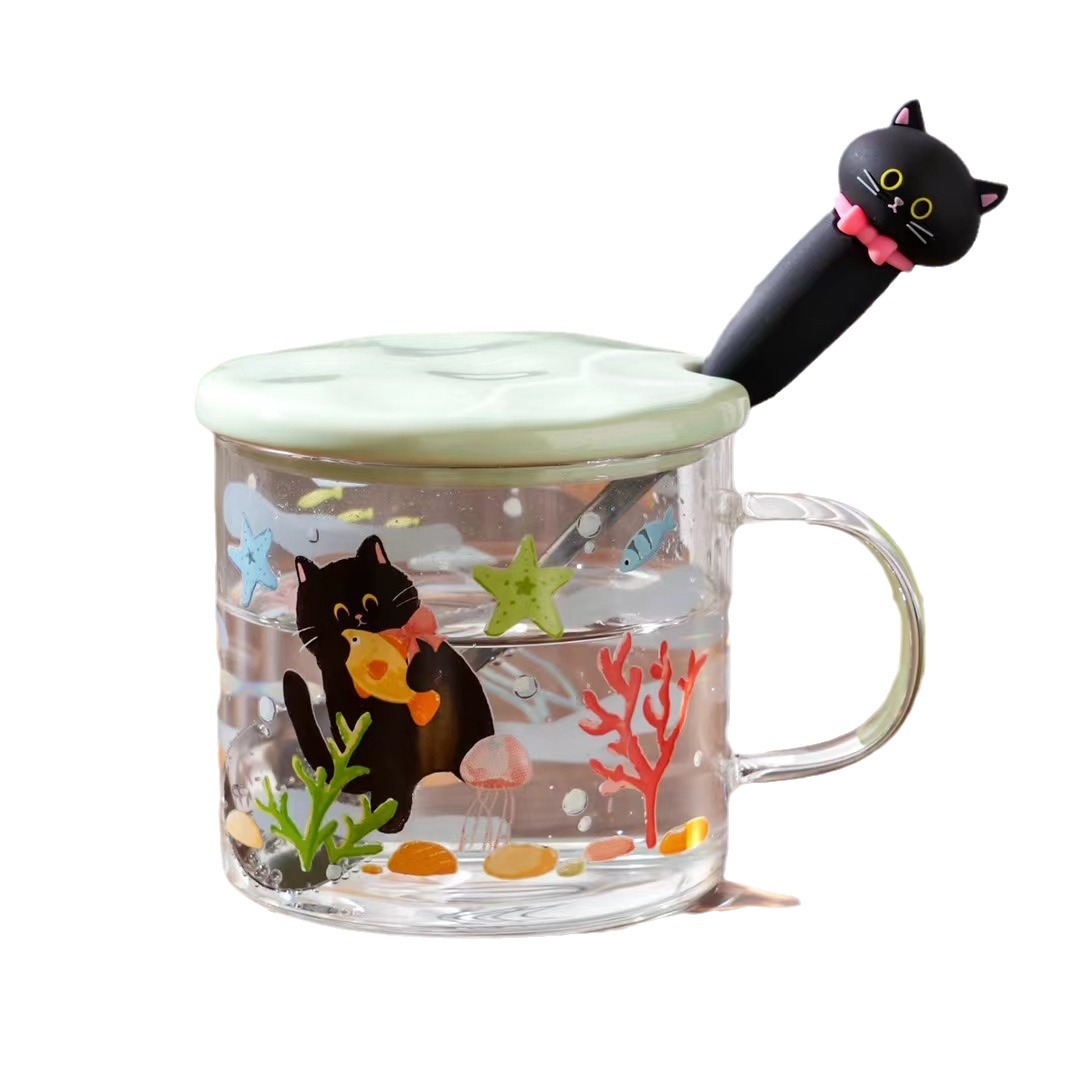 Creativo de dibujos animados pequeño gato negro taza de agua de vidrio de alto valor encantador pequeño regalo de personalidad fresca taza de regalo