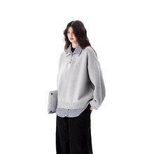 跨境贸易美式复古格子假两件卫衣女春秋季无帽2025新款韩系慵懒风