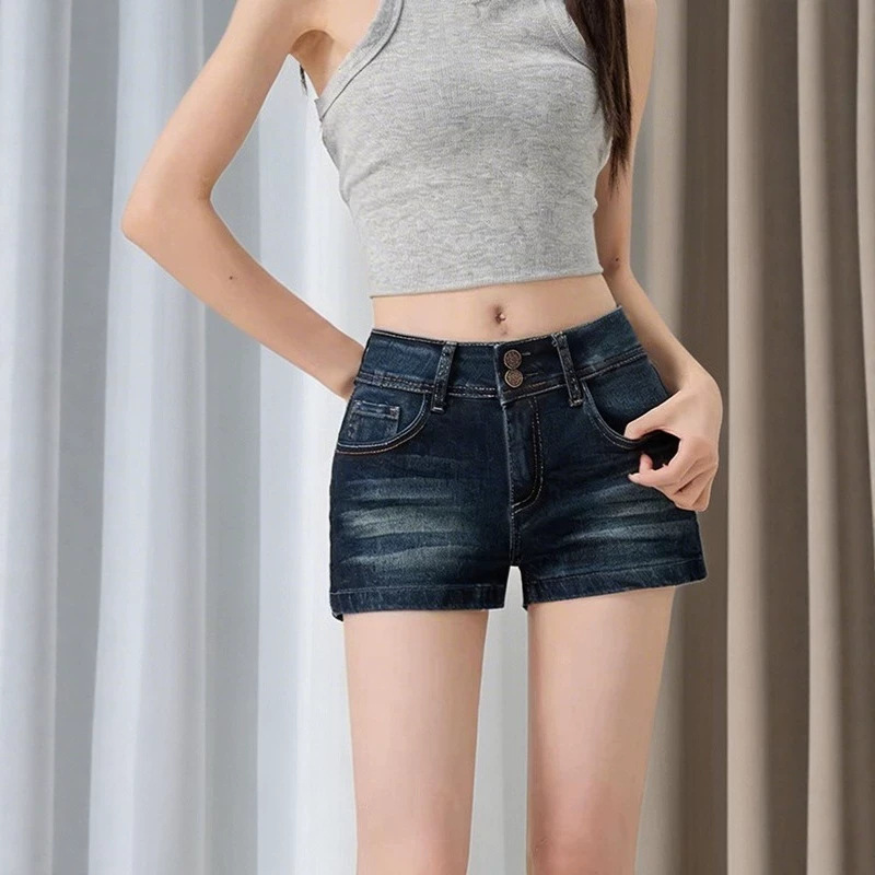 American Fashion Style Dark Blue Double-Button Denim Shorts for Women, 2026 Summer Low-Waist Slim-Fit Hot Pants American Fashion Style Dark Blue Double-Button Denim Shorts for Women, 2026 Summer Low-Waist Slim-Fit Hot Pants