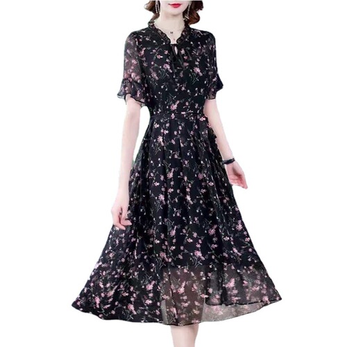 Chiffon shirt women's long-sleeved 2022 spring new floral dress women's plus size fat MM age-reducing bottoming long skirt