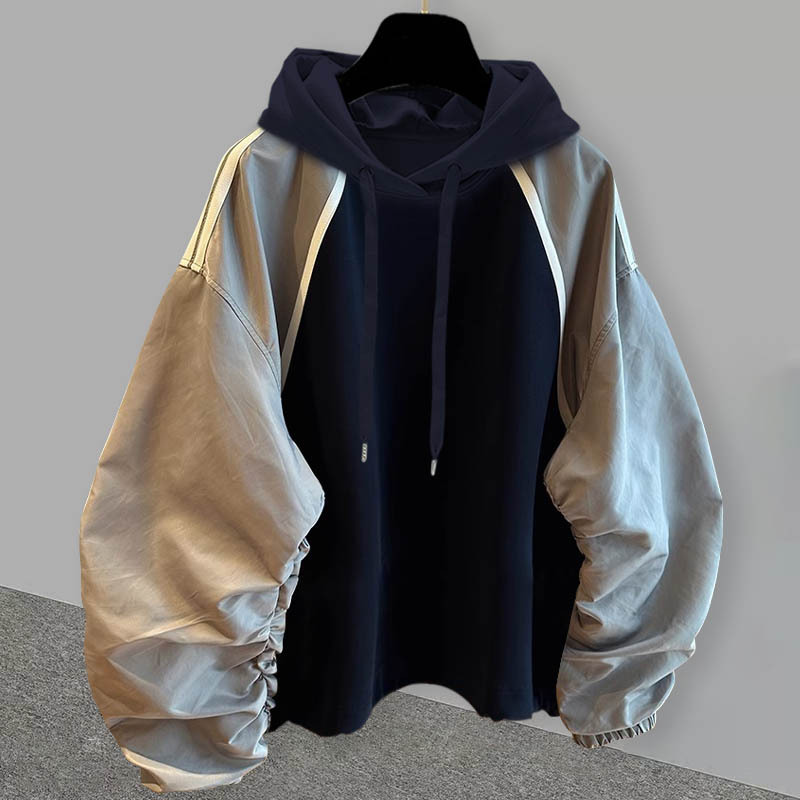 주름 소매 대비 색상 스티칭 후드 스웨트 남성용 가을 새로운 유행 디자인 센스 캐주얼 루즈 올 매치 재킷