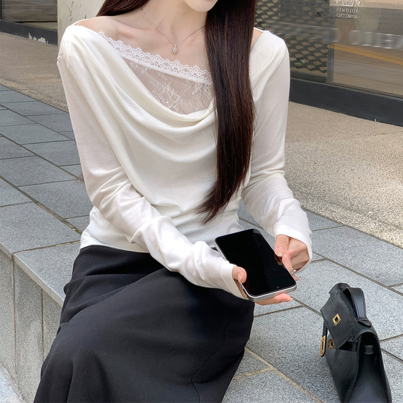 槿一 羊毛混纺莱赛er针织长袖T恤女法式荡领假两件蕾丝拼接上衣秋|undefined
