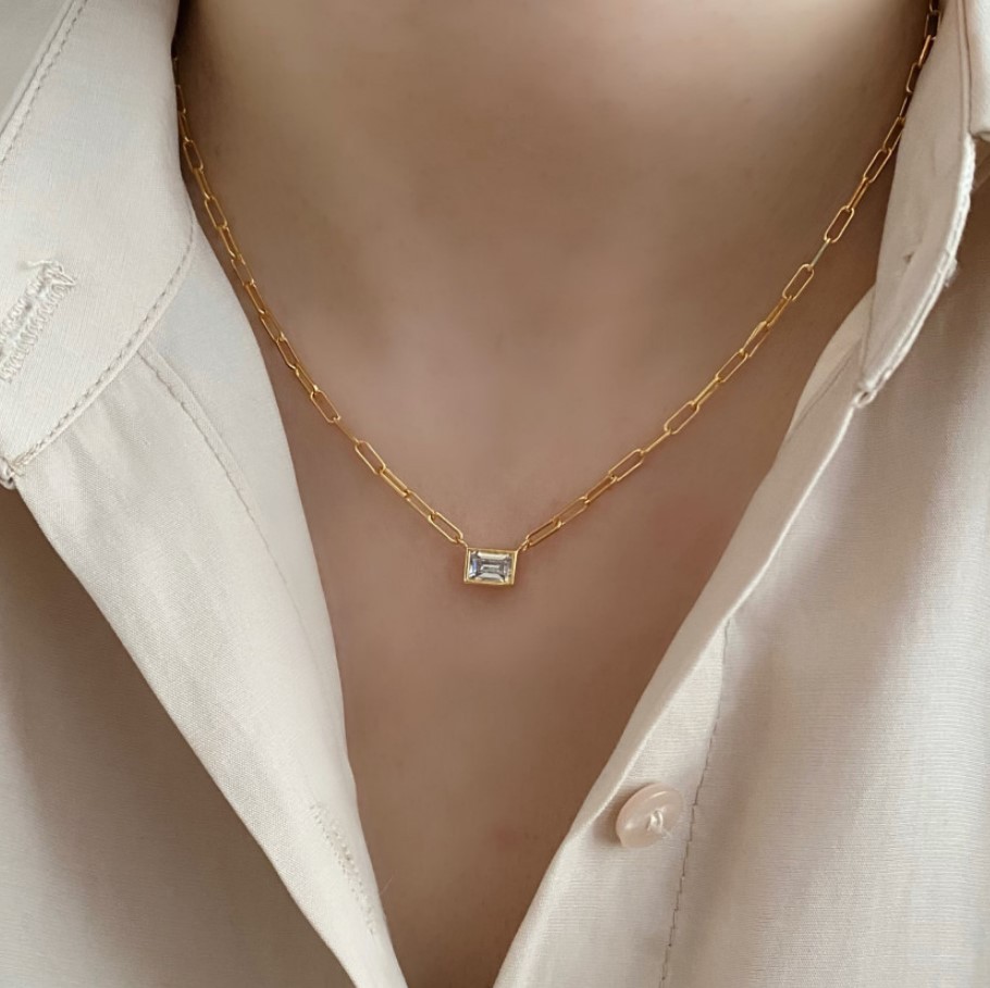 Necklace Classification 925 Sterling Silver Zircon Paperclip Chain Inlay Rectangle Necklace
