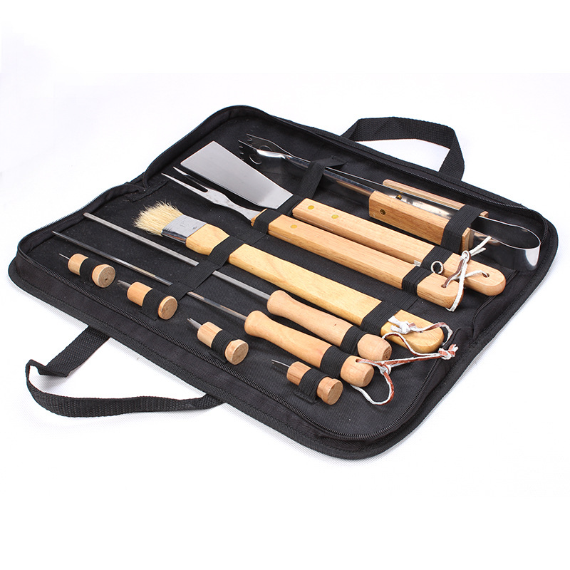 Herramientas de barbacoa de acero inoxidable barbacoa 12 piezas mango de madera parrilla traje al aire libre combinación parrilla Accesorios