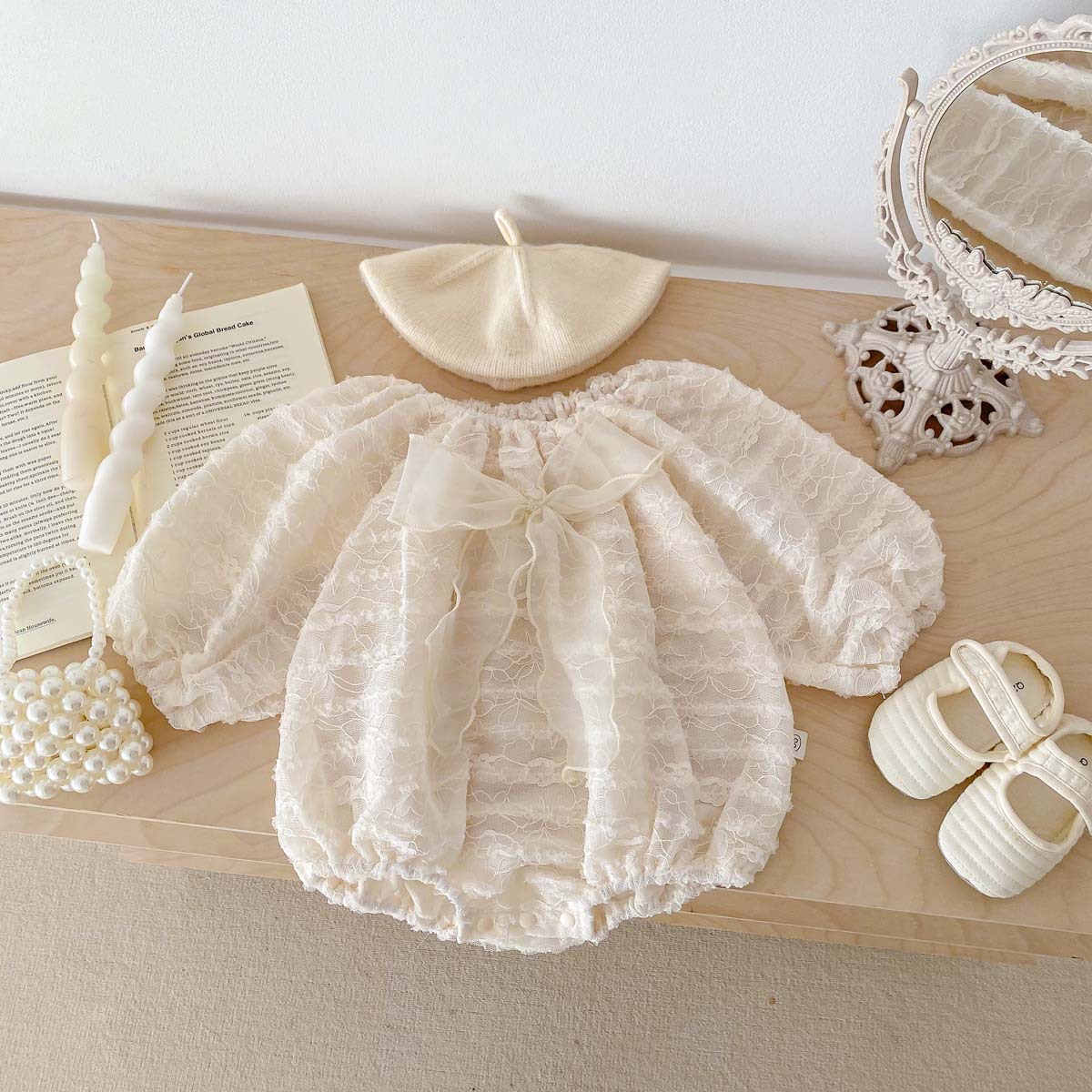 Bebé mono primavera niña dulce arco nudo bolsa pedo mameluco recién nacido un mes de edad princesa mameluco