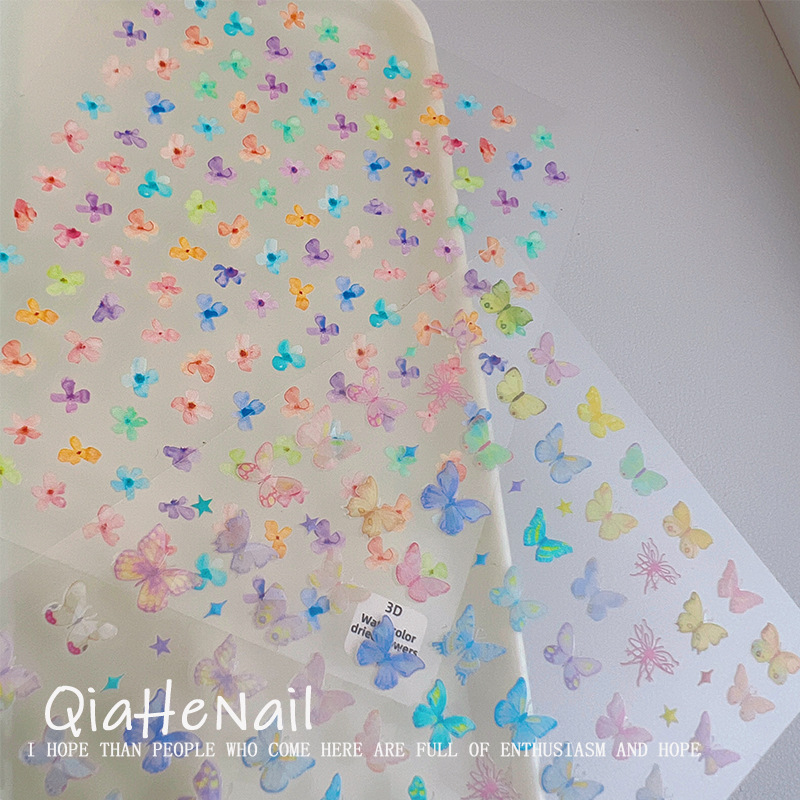 Oil Painting Spring Colorful Watercolor Dried Flower Shell Light Colorful Butterfly Ultra-thin Nail Sticker Adhesive Nail Art Jewelry