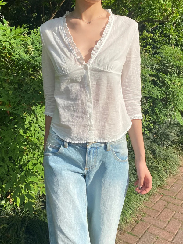 Bm Style Beautiful White Lace V-Neck Waisted Short-Sleeved Shirt Top for Women Summer Bm Versatile Super Nice Shirt