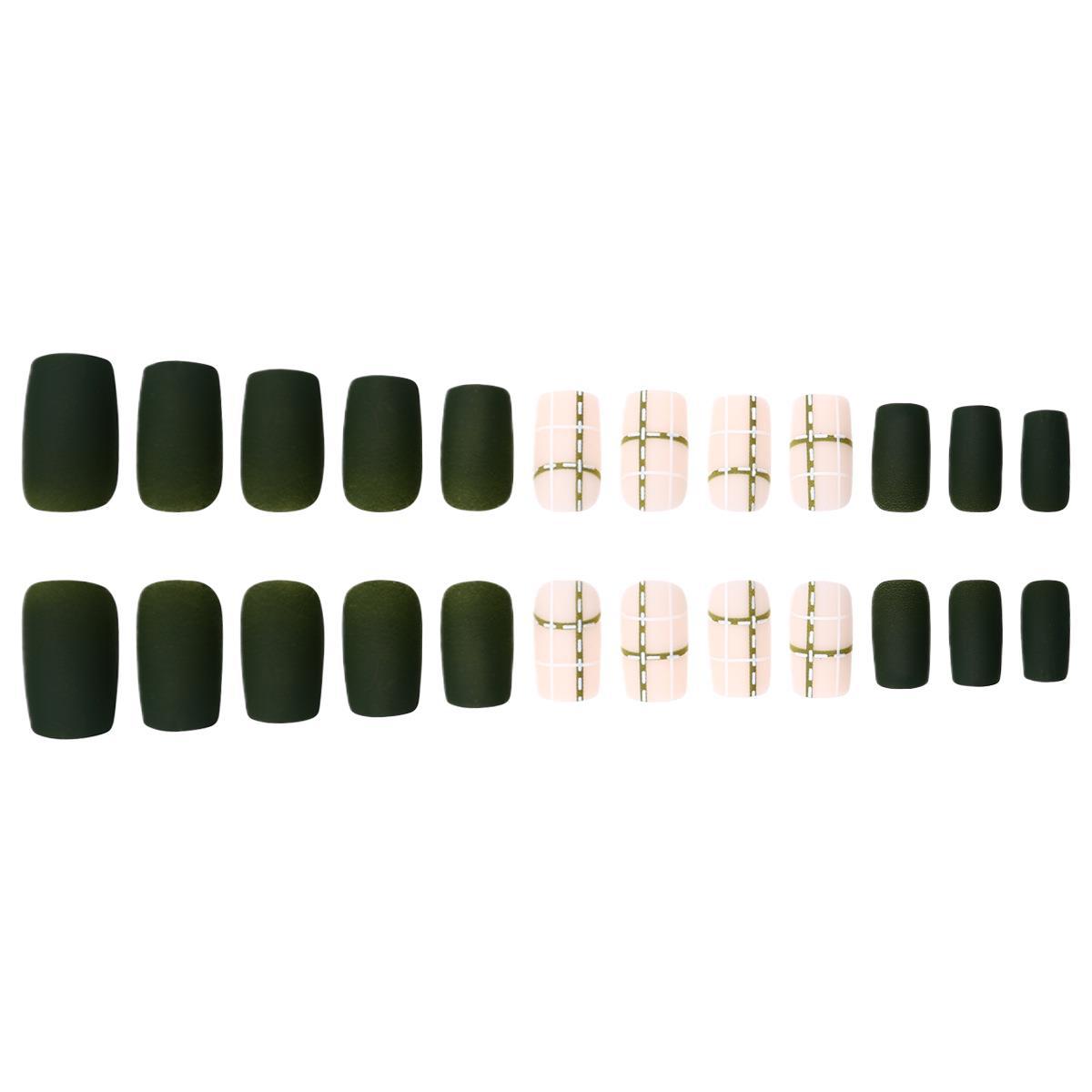 Uña corta de vestir otoño y invierno blanco verde tablero de ajedrez rectangular pieza de uñas falsas desmontable