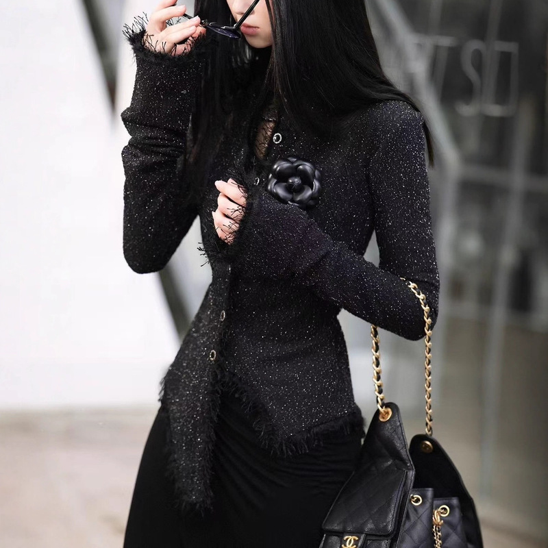 Bulletnini Small Fragrant Black Glitter Elastic Thin Tweed Waist Slimming Look Asymmetrical Autumn and Winter Outwear for Women Bulletnini Small Fragrant Black Glitter Elastic Thin Tweed Waist Slimming Look Asymmetrical Autumn and Winter Outwear for Women