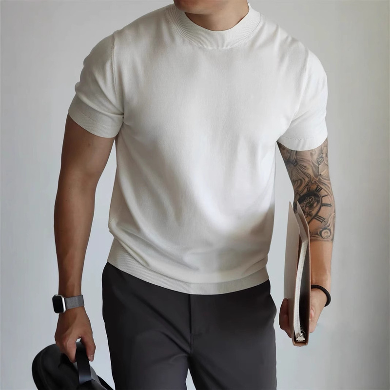 Business Temperament All-match Half-high Collar Knitted Short-sleeved T-shirt Men's New High-end White Slim-fit Trendy Top