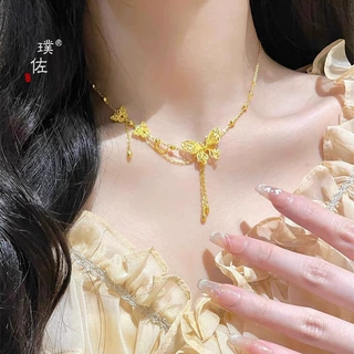 璞佐金店同款沙金镜花蝶梦花丝蝴蝶项链女百搭蝴蝶锁骨链送女友