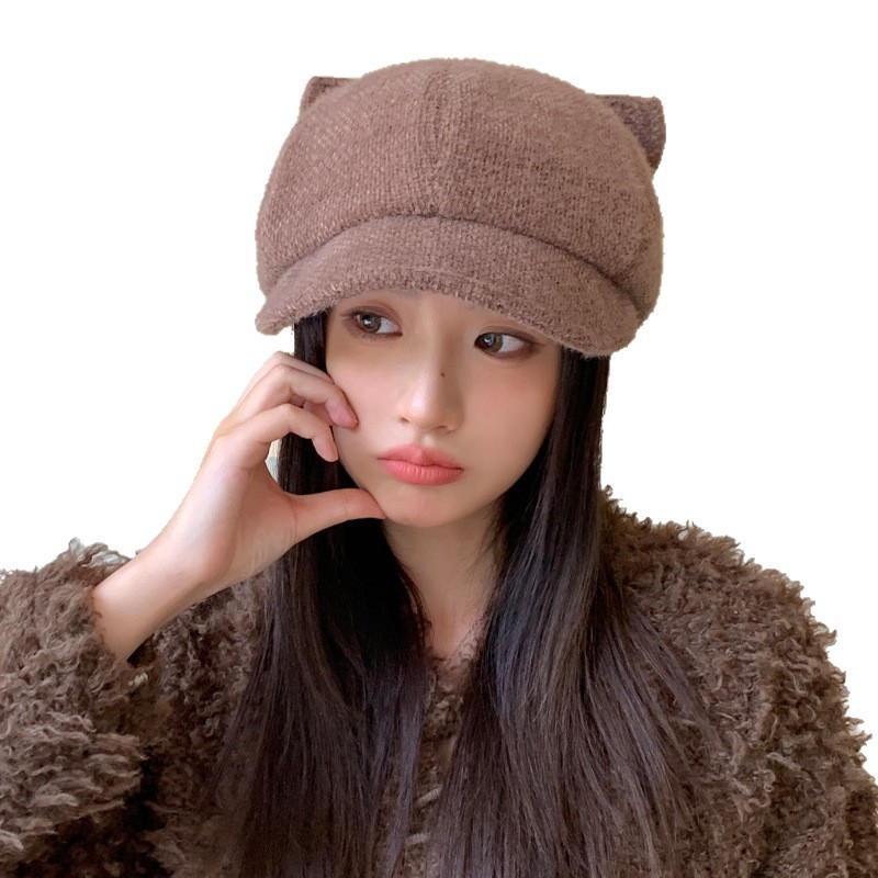 新款韩版秋冬帽子女款鸭舌八角帽猫耳朵防风保暖显脸小百搭大帽檐|undefined