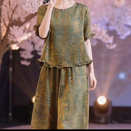 时尚妈妈宽松显瘦上衣大码优雅套装女夏季新款洋气阔腿裤两件套