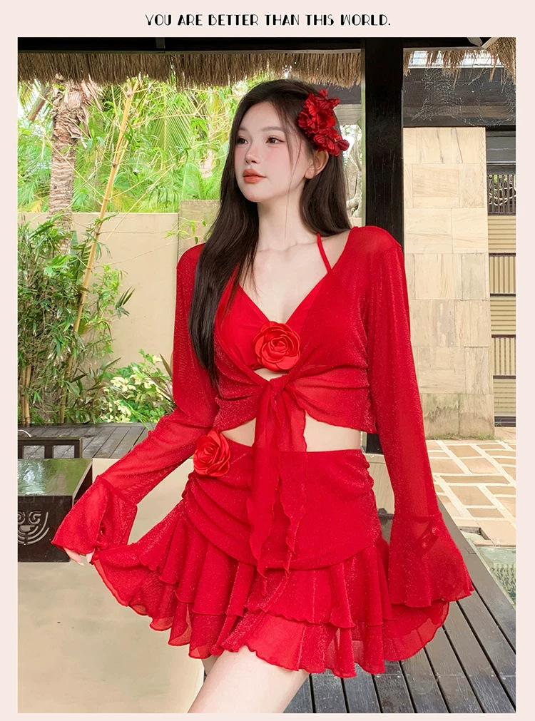 Plus-size Red Four-piece Bikini Set With Long Sleeve Sun Protection_voghion.com
