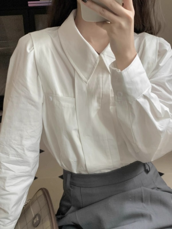 法式白色长袖衬衫女早秋内搭小个子翻领衬衣职业通勤宽松打底上衣|undefined