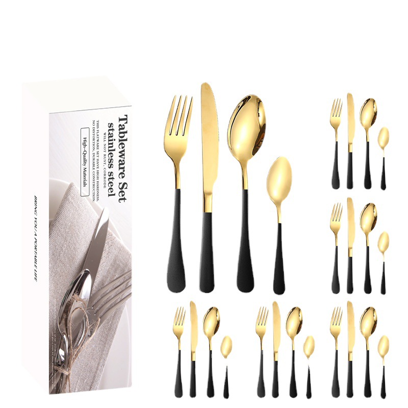 Amazon productos calientes de acero inoxidable vajilla 24 unidades traje 1010 cuatro piezas principales caja simple comida occidental cuchillo, tenedor y cuchara