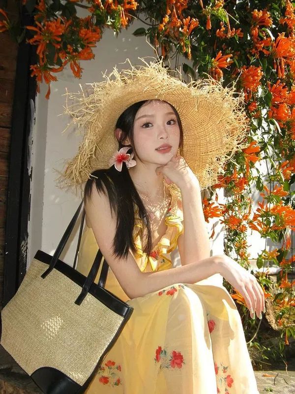 フレンチ V ネック黄色の花柄サスペンダードレス女性の夏の気質ウエスト痩身ドーパミン甘いロングスカート|undefined