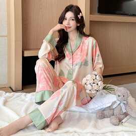 新款春秋季柔光软丝绸睡衣女士套装长袖长裤高级感轻奢宽松家居服