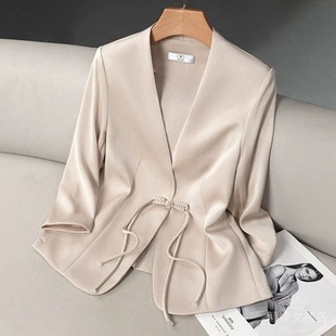 Short Elegant Suit Jacket Three-Quarter Length 2025 Summer Thin Chinese Style Slim Suit for Small People