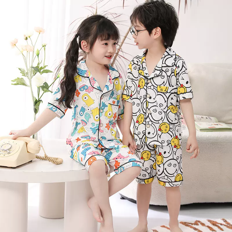翻领儿童家居服套装夏季新款中大童空调服男女童短袖短裤洋气睡衣