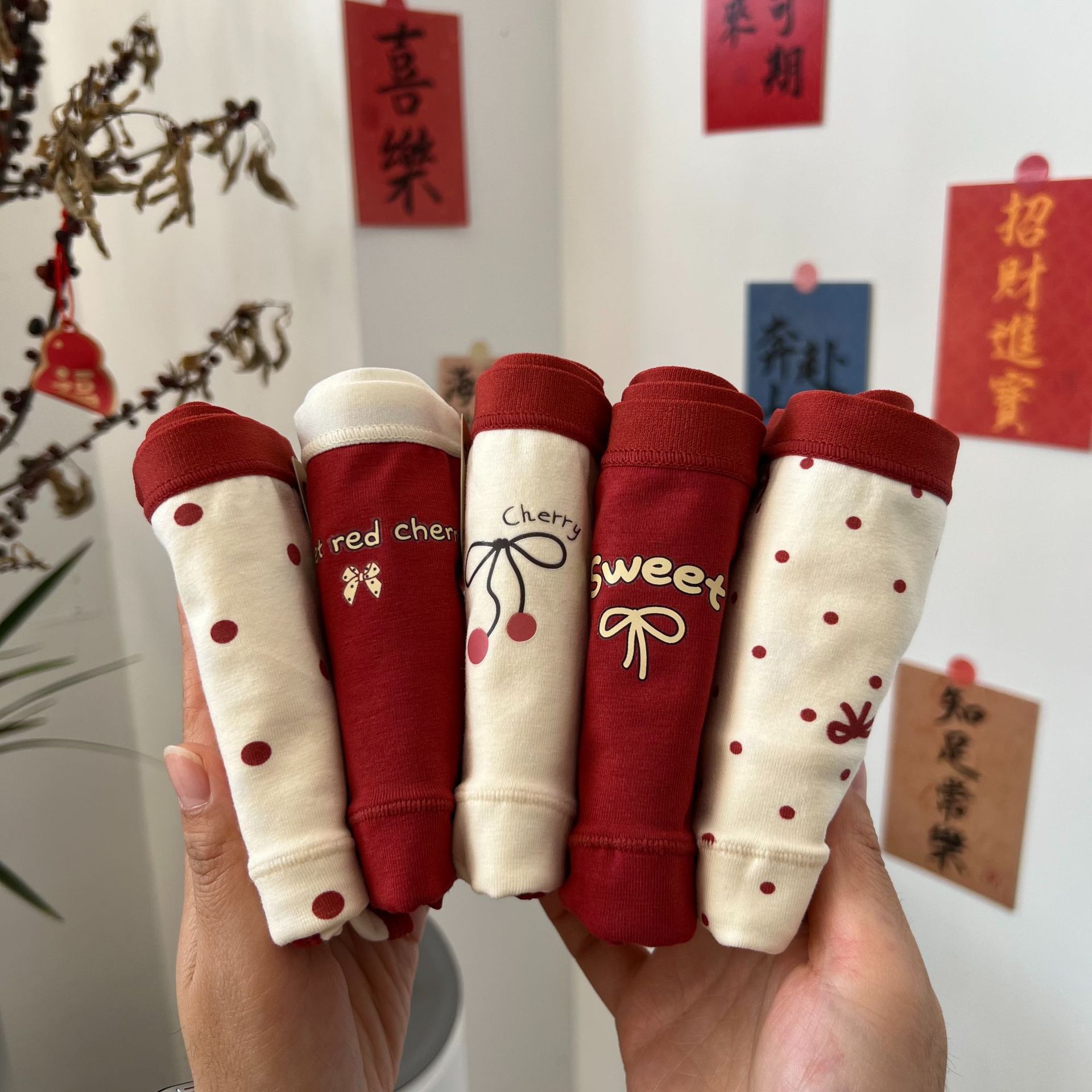 日系少女甜美蝴蝶结三角裤本命年红女内裤安可拉红A类加长底裆7A