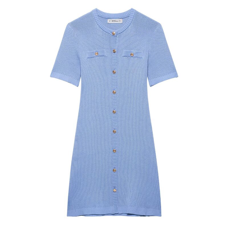 Cross-Border European and American Style Aliexpress Export Women's Clothing Zr Spot New Front Buttoned Ribbed Knitted Dress