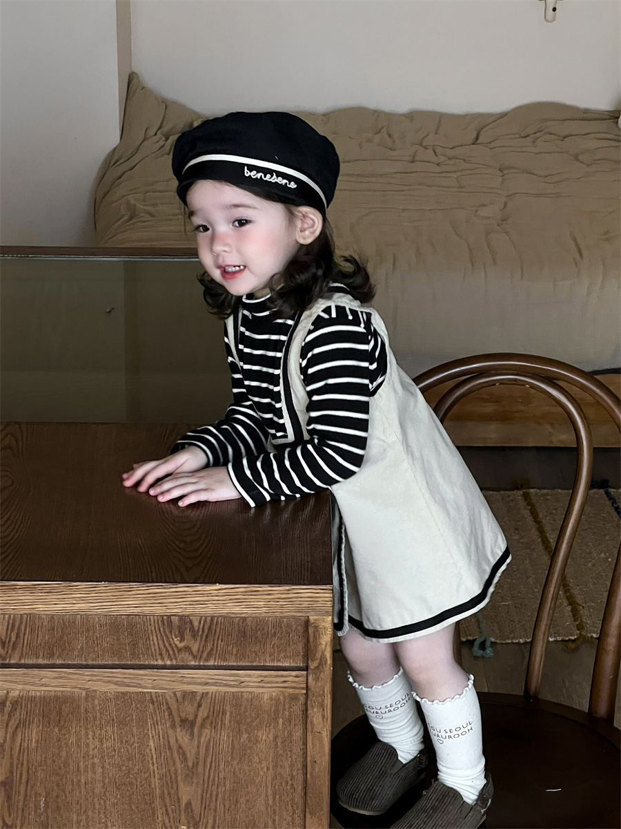 Set de otoño infantil coreano ropa infantil ropa de bebé camiseta de fondo a rayas de camisa de cordillera vestido set