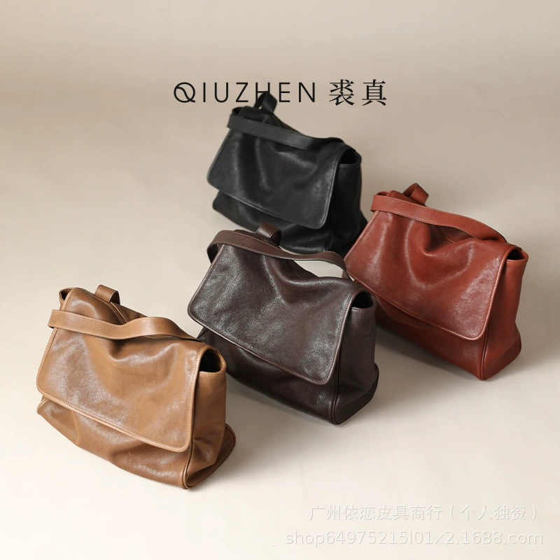 Capacious leather one-shoulder bag, cowhide, genuine leather
