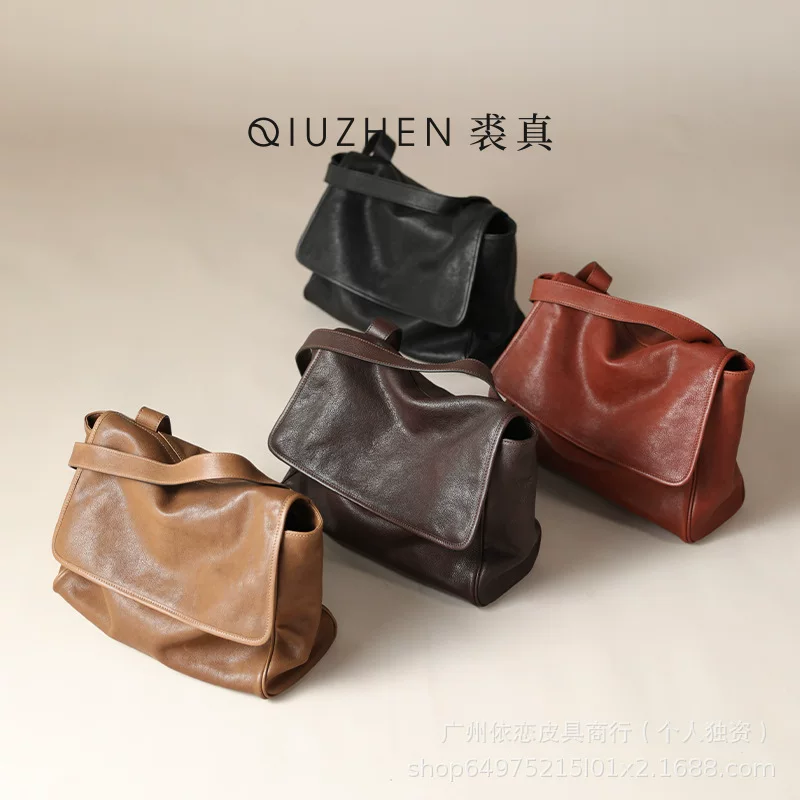 Capacious leather one-shoulder bag, cowhide, genuine leather